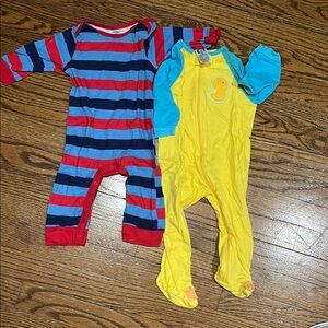 Striped Red and Blue Baby Romper and Yellow Footed Onesie